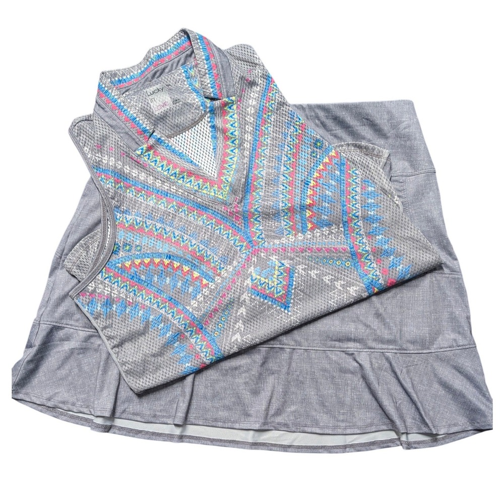 Lucky in Love Womens Grey Tribal Print Mesh Tennis Racerback Ruffle Skort Set L